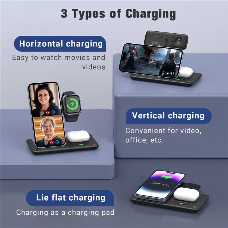3 In 1 Wireless Charger Stand Pad For iPhone 16 15 14 13 Pro Max Plus iWatch AirPods 3/2 Fast Charging Station Dock Phone Holder