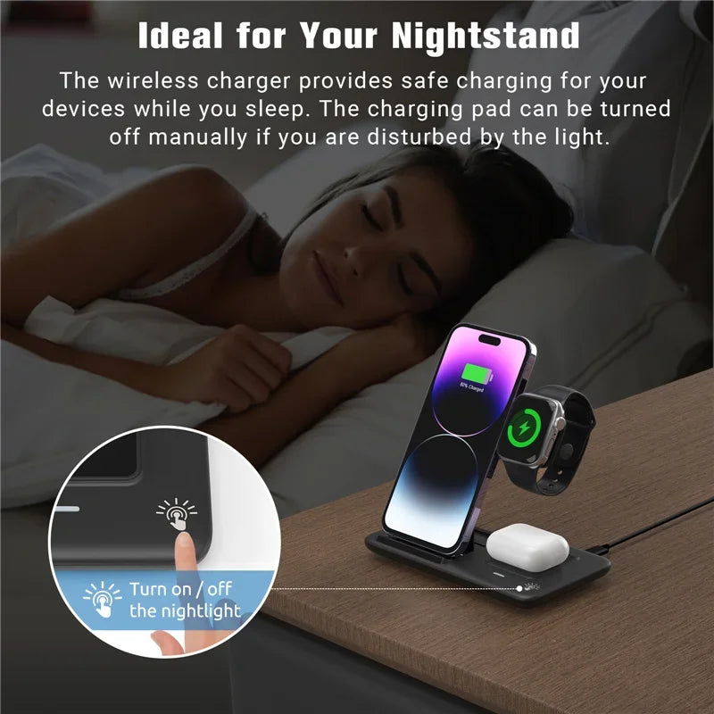 3 In 1 Wireless Charger Stand Pad For iPhone 16 15 14 13 Pro Max Plus iWatch AirPods 3/2 Fast Charging Station Dock Phone Holder