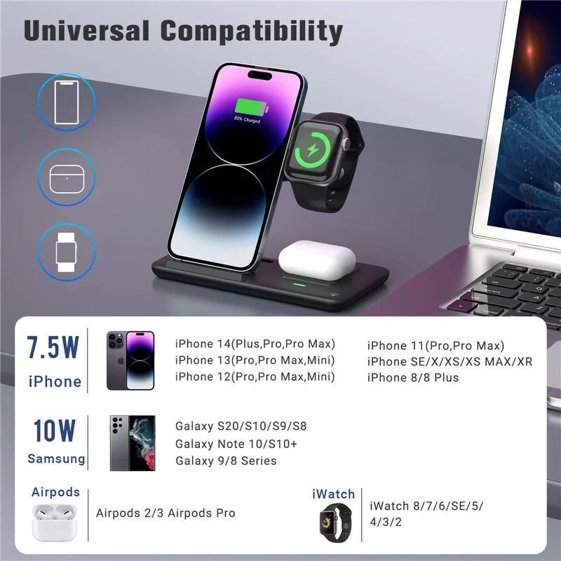3 In 1 Wireless Charger Stand Pad For iPhone 16 15 14 13 Pro Max Plus iWatch AirPods 3/2 Fast Charging Station Dock Phone Holder